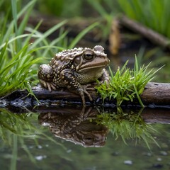Obraz premium Raindrops and Rest: Common Toad on Log in Tranquil Wetland