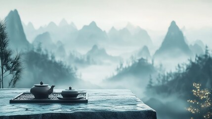 Serene tea ceremony overlooking misty mountains.
