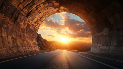 Naklejka premium scenic view of highway tunnel opening to breathtaking sunrise, casting warm light on road and surrounding landscape, evoking sense of solitude and tranquility