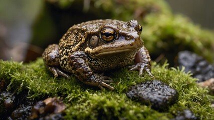 Fototapeta premium The Toad’s Domain: Close-Up of Common Toad on Lush, Mossy Rock