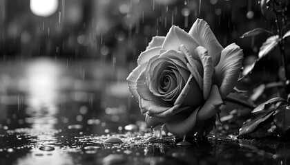 A dramatic black-and-white composition of a rose drenched in rain with water dripping from each petal and soft reflections visible on the wet ground.