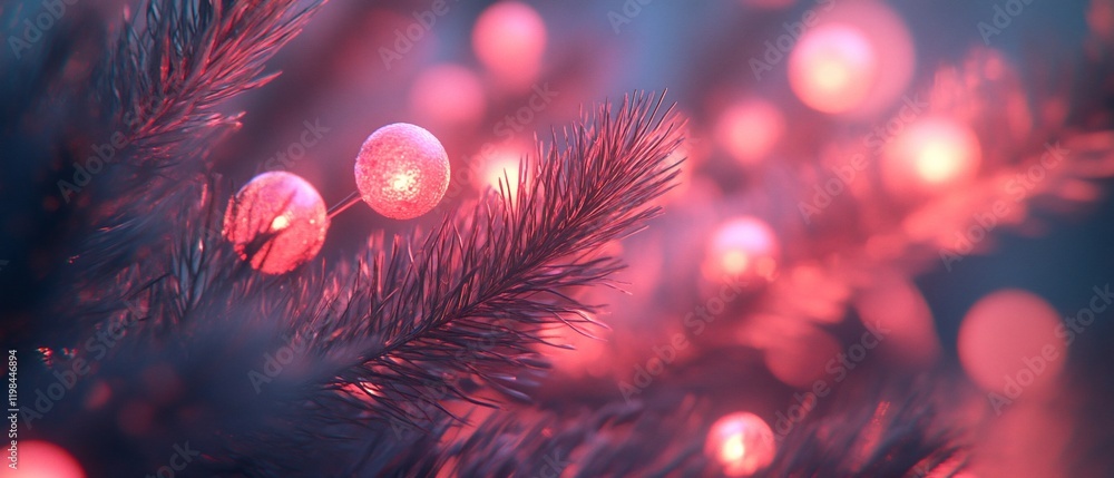 Poster close-up of illuminated pine branch with red lights.