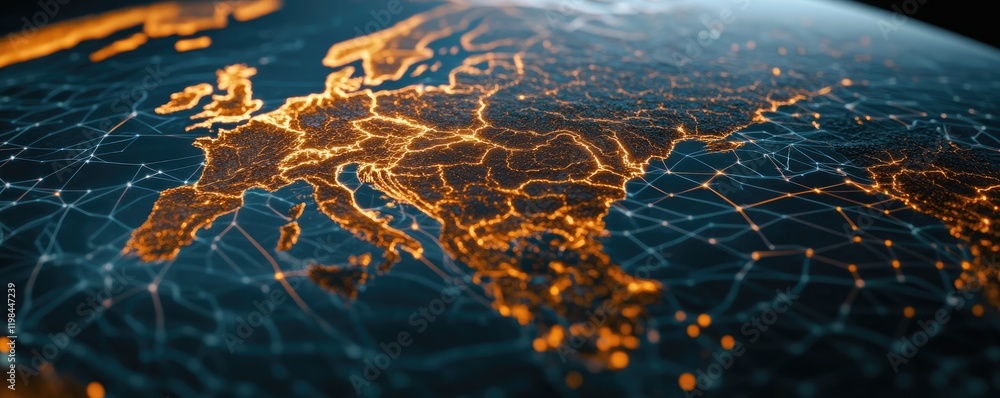Poster a detailed view of a digitally rendered map of europe, showcasing illuminated connections and networ