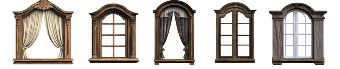 Collection of arched and rectangular window designs with curtains.