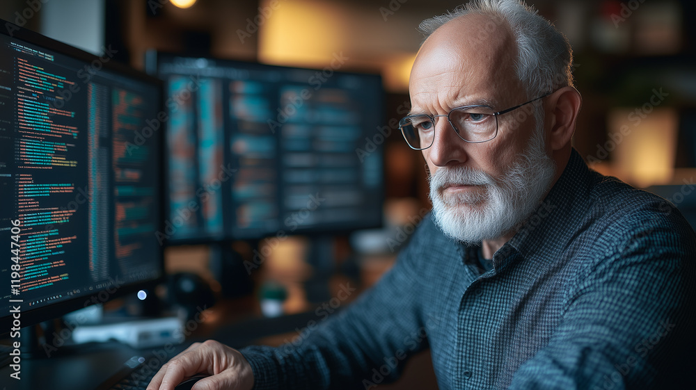Poster senior programmer at work: a focused senior programmer with a long white beard and glasses intently 