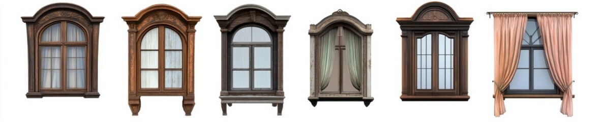 Collection of six ornate arched windows, various colors and styles, isolated on white.