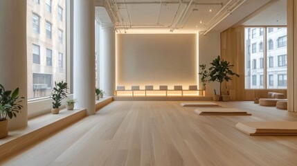 Fototapeta premium Minimalist yoga studio with light wood floors, large windows, and neutral walls.