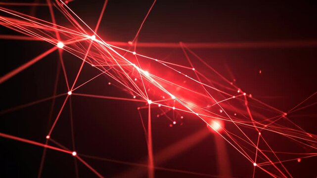 Dynamic red laser lights creating an abstract network pattern in a dark environment during a digital art exhibition