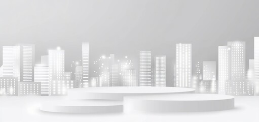 White cityscape backdrop with empty platform.