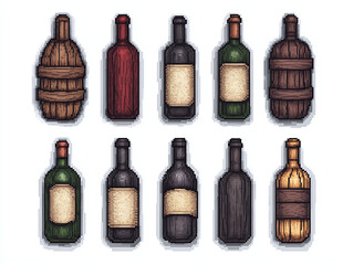 Pixel Art Wine Bottles and Barrels Collection