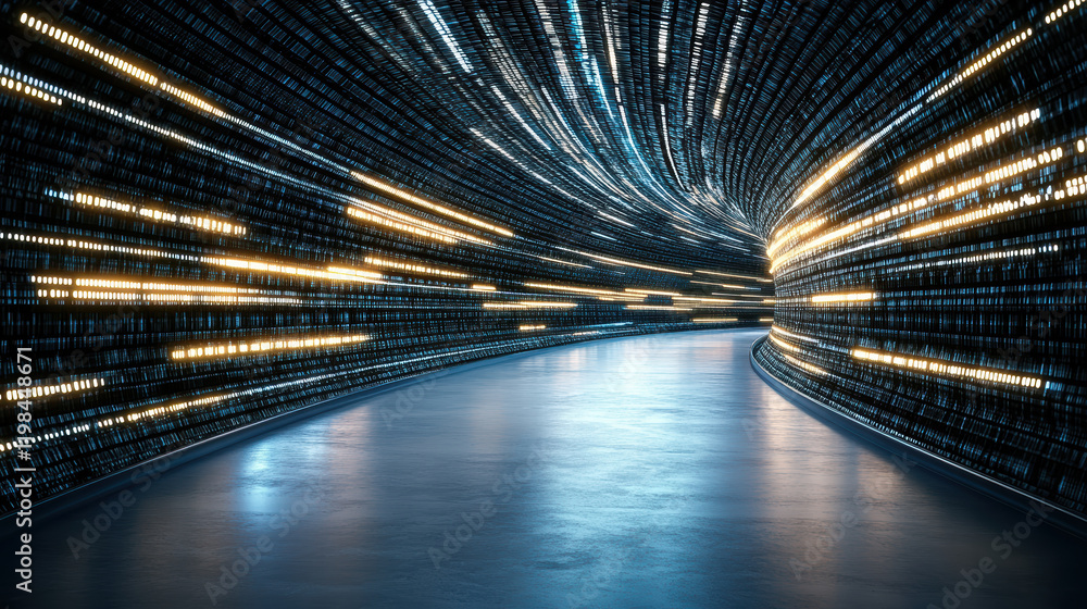 Poster dynamic data streams flow through futuristic tunnel, creating vibrant visual