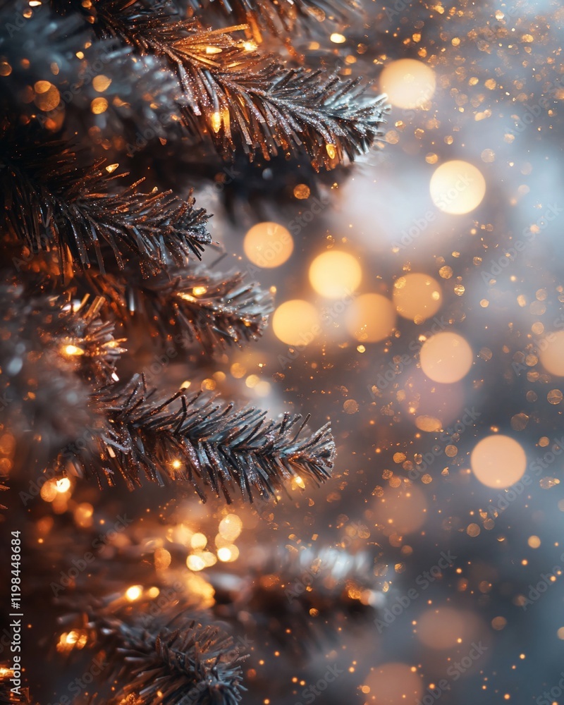 Poster close-up of a decorated christmas tree branch with warm lights and bokeh.