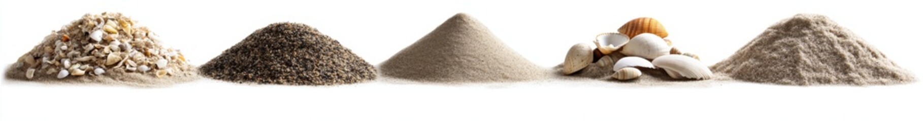 Five piles of different powders and mushrooms on white background.