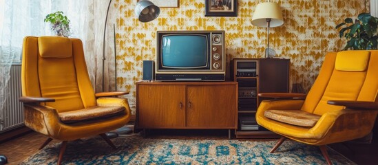 Retro Living Room Interior Design: Vintage Television, Armchairs and 70s Decor