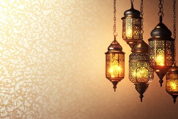background featuring a glowing crescent moon and an ornate Islamic lantern on the left side, with intricate arabesque patterns in the foreground. The scene is rich in golden and teal tones