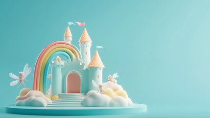 Pastel fairytale castle with rainbow and fairies on clouds.
