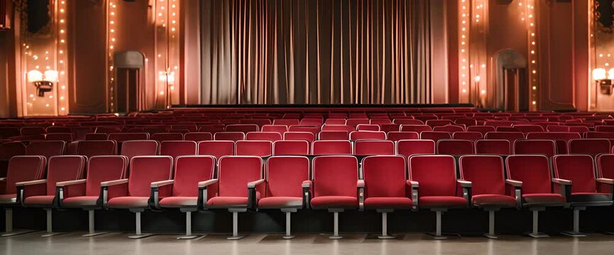 An empty cinema auditorium with red velvet seats, dim golden lights casting soft shadows, a large silver screen at the front, and a vintage popcorn machine in the corner