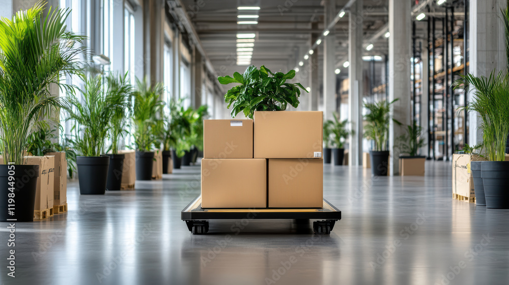 Poster efficient transport of boxes and plants in modern warehouse setting