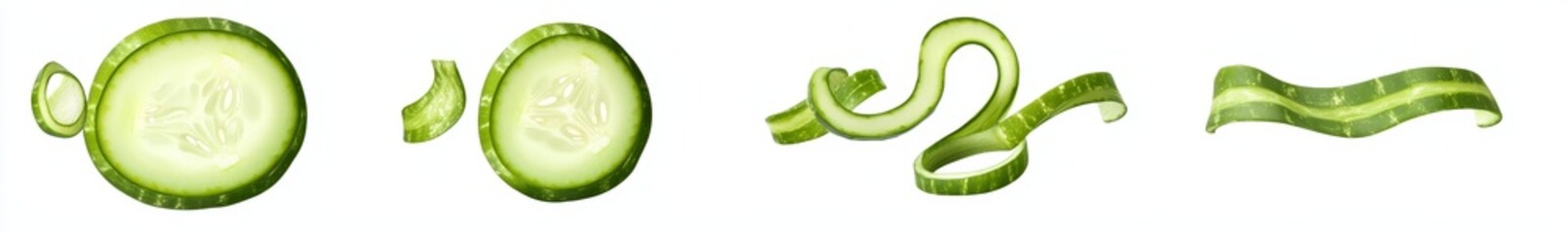 Cucumber slices, peels, and spirals isolated on white background.