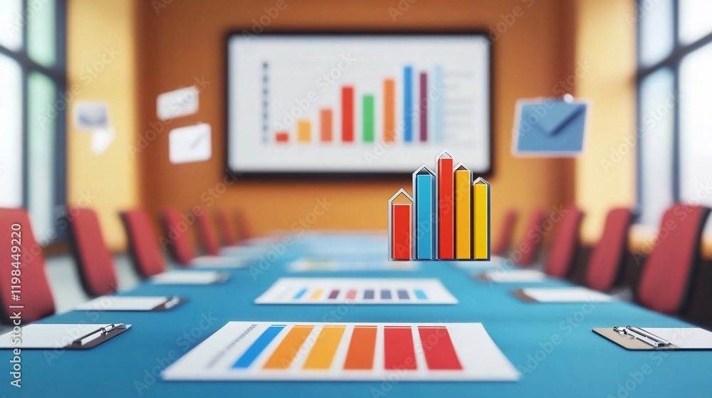 Poster colorful bar graph hovers over meeting table with documents and presentation screen in background.