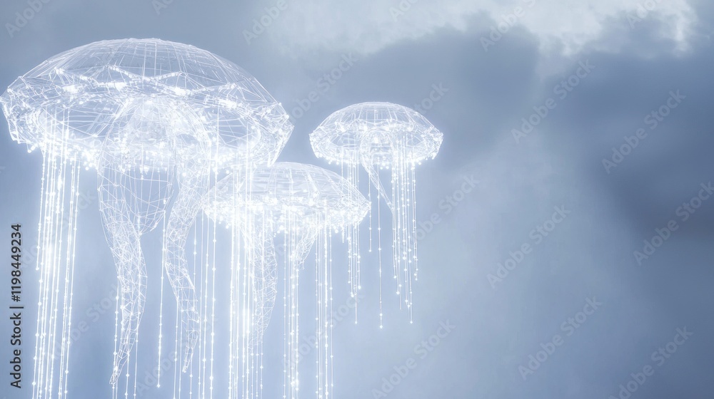 Poster glowing jellyfish-like forms float against a stormy sky.