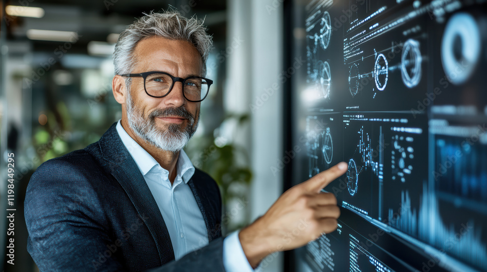 Poster business professional discussing ai technology with data visualization