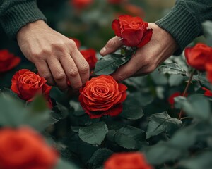 Close-up of hands gently pruning vibrant red roses in a breathtaking spring garden, showcasing expert plant care and seasonal gardening techniques Discover the art of rose pruning for abundant blooms