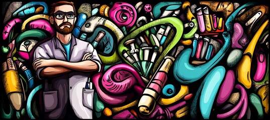Scientist in lab coat amidst colorful doodle science elements.