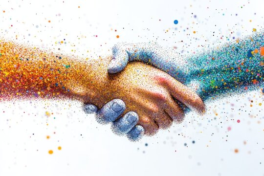 A vibrant illustration of two hands shaking, symbolizing unity and collaboration, created with colorful dots and textures.
