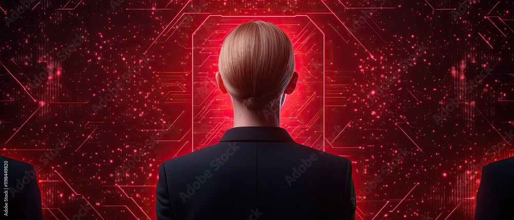 Poster a mysterious figure in a suit stands before a glowing red backdrop, surrounded by digital patterns, 