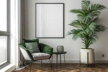 Fototapeta premium 3D rendering of a picture frame on the wall, Generative AI.