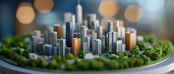 A detailed miniature model of a modern cityscape showcases various buildings and greenery, highlighting urban design and architectural features.