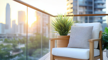 Cozy balcony with potted plants and chair overlooking vibrant cityscape