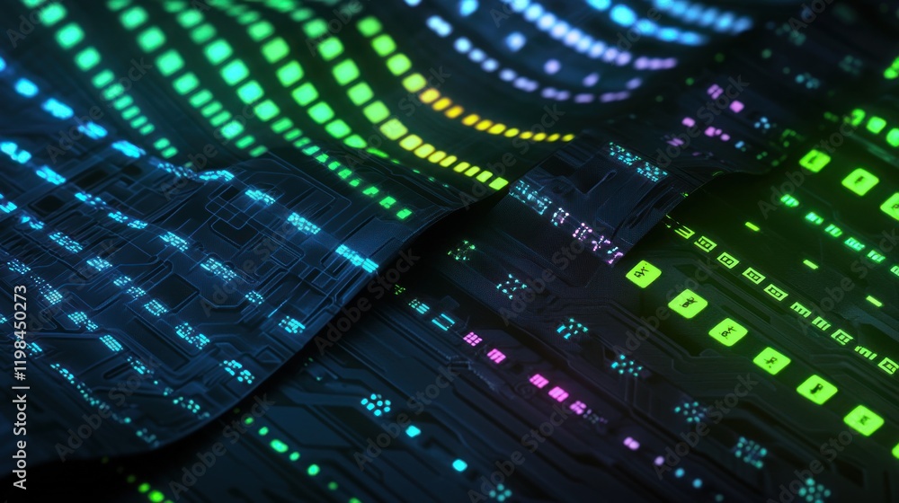 Poster abstract futuristic circuit board: neon glow and digital data streams
