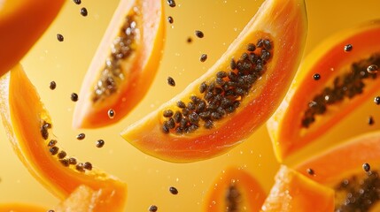 Flying papaya slices with seeds on yellow background.