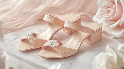 Peach low block heel sandals with pearl embellishments on marble surface with roses.