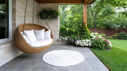 Cozy patio with swing chair surrounded by colorful flowers and greenery