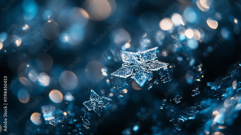 Poster Macro shot of delicate snowflakes on dark background with bokeh.