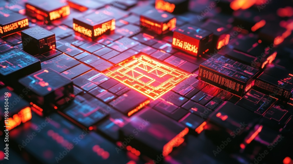 Poster abstract digital circuitry: glowing nodes and data streams