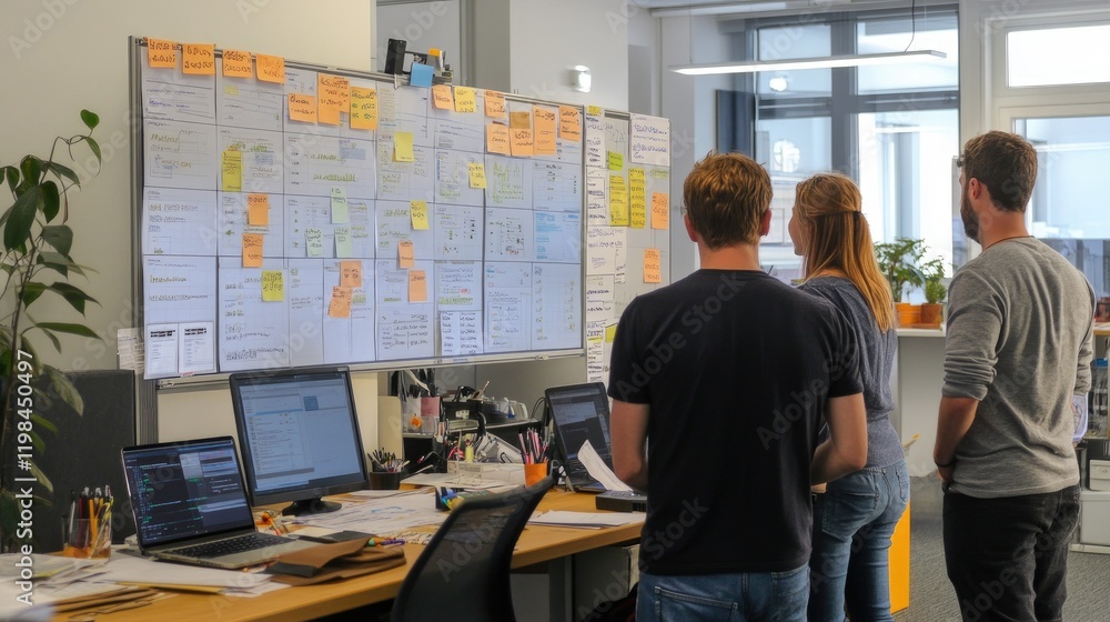 Poster a team collaborates in an office setting, analyzing a large board filled with notes and diagrams, wh