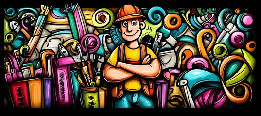 Happy worker amidst colorful tools and supplies.