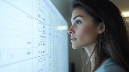 A focused woman analyzes data on a digital screen, showcasing technology and concentration in a modern workspace.