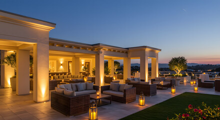 Obraz premium The terrace lounge showcases a remarkable design complemented by artistic lighting elements.