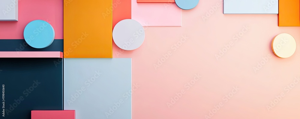 Poster a vibrant composition of geometric shapes in various colors, creating a modern and artistic backgrou