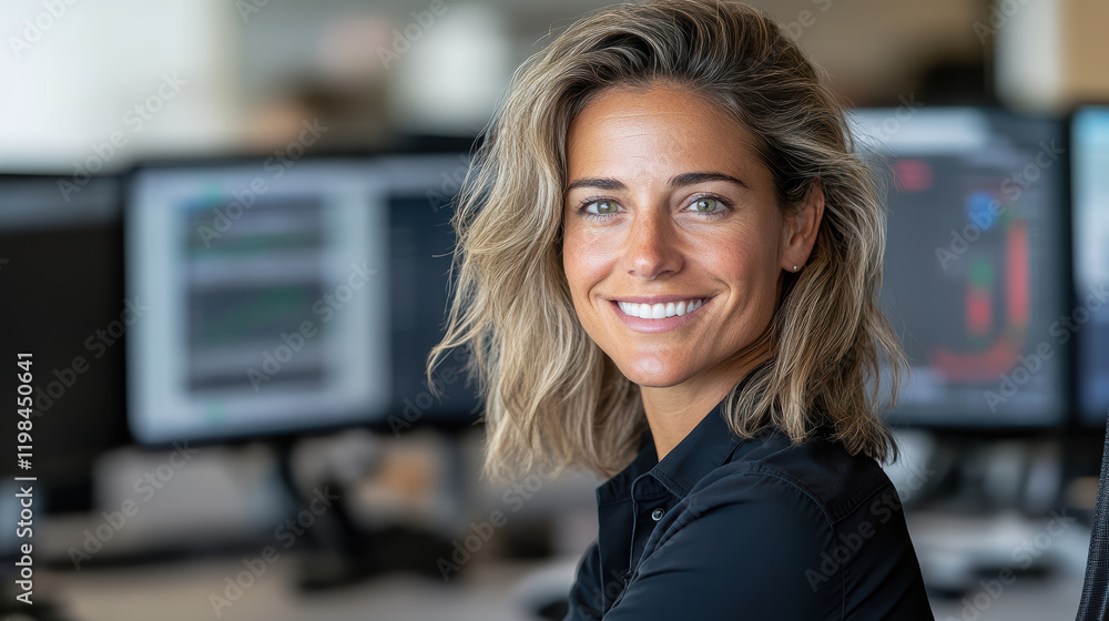 Aufkleber cybersecurity expert smiling while monitoring ai systems in modern office
