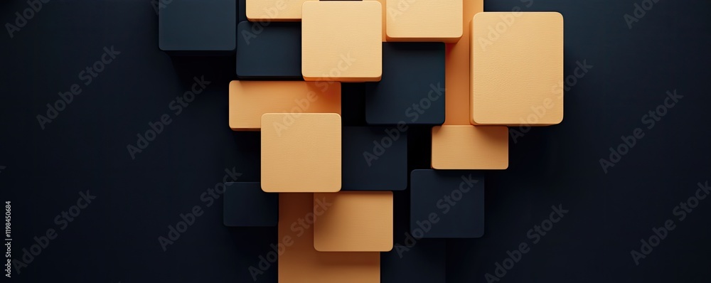 Poster a modern abstract composition featuring interlocking orange and black cubes against a dark backgroun