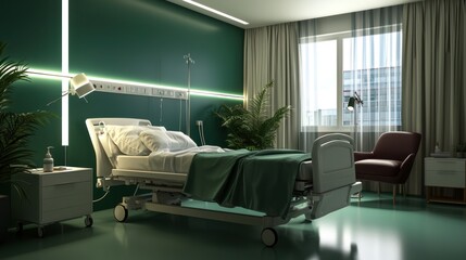 Modern hospital room with bed, chair, and plants.