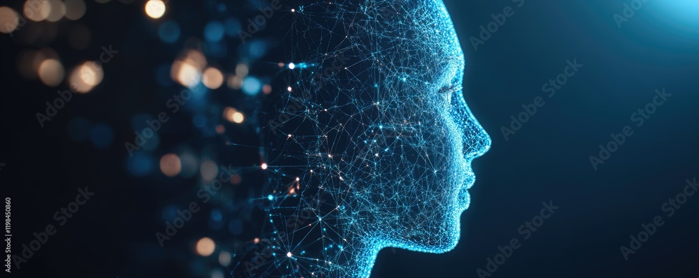 Poster a digital representation of a human head, composed of interconnected nodes and glowing particles, sy