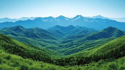 Obraz premium Lush green mountainscape, distant snowy peaks, clear sky, panoramic view, nature travel poster