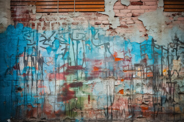 Wall with graffiti on it. The wall is blue and has a lot of graffiti on it